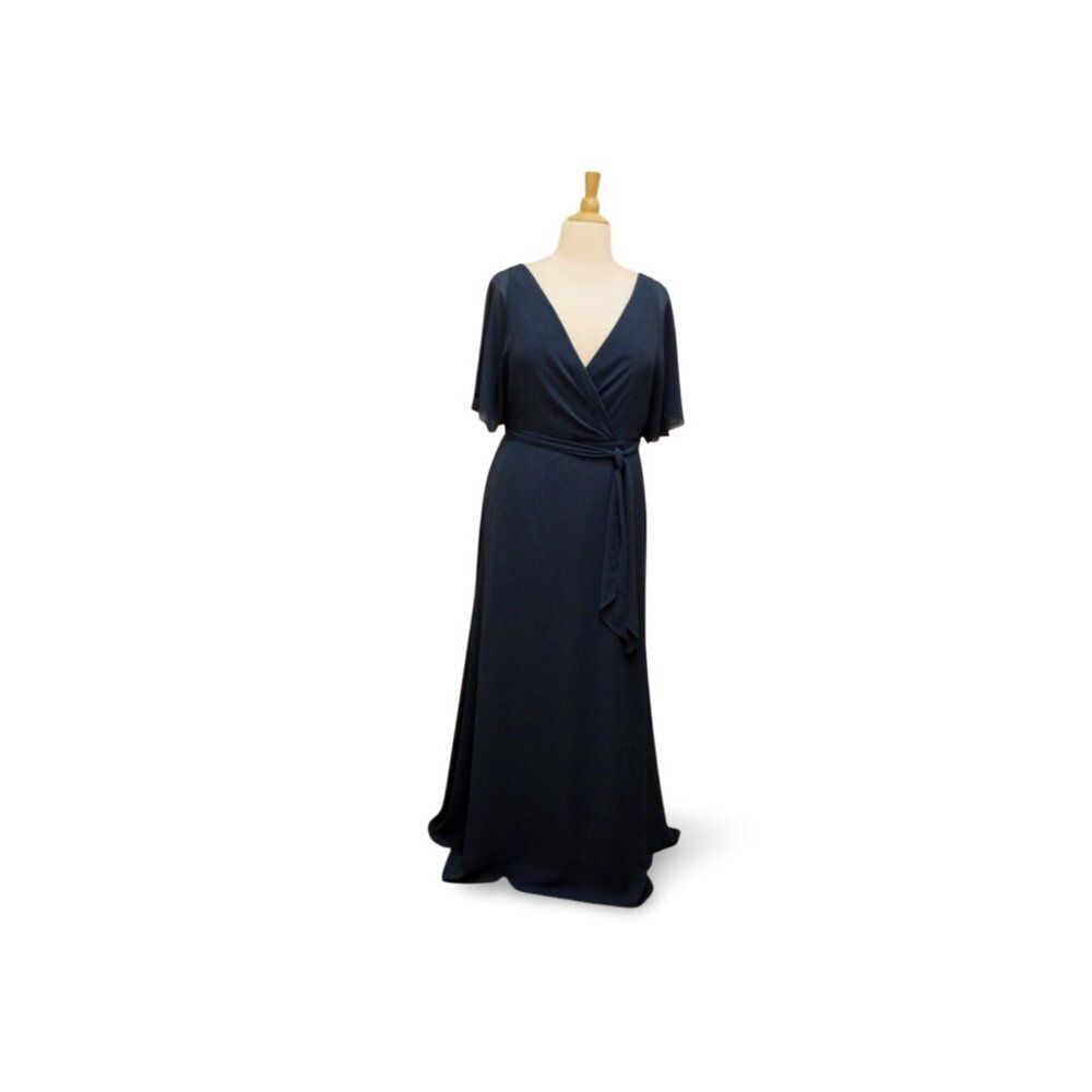 Long Chiffon Bridesmaids Dress With Split Elbow Sleeve. Amsale French Blue - Picture 4 of 12
